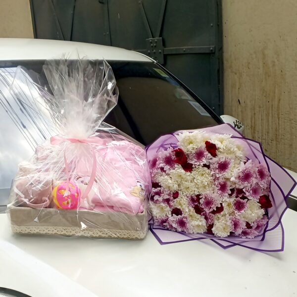 Simple Baby Girl Hamper with Flower Bouquet